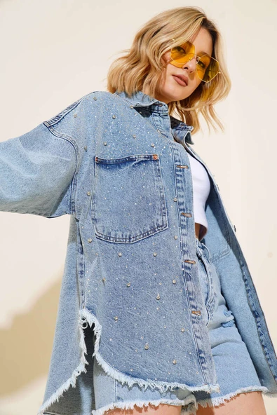 Püsküllü Taşlı Kot Ceket Kar Yıkama ürün görseli 1