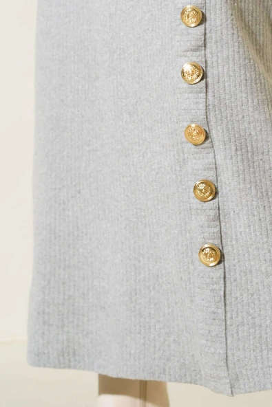 Etek Düğmeli Fitilli Elbise Gri - Resim 4