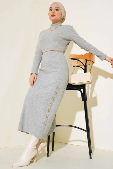 Etek Düğmeli Fitilli Elbise Gri ürün görseli 1
