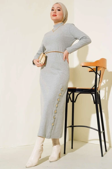 Etek Düğmeli Fitilli Elbise Gri - Resim 2