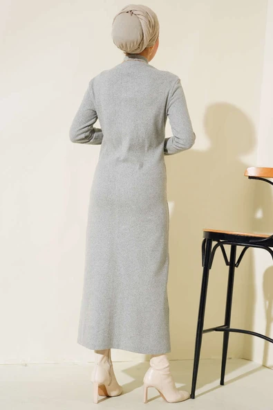 Etek Düğmeli Fitilli Elbise Gri - Resim 3