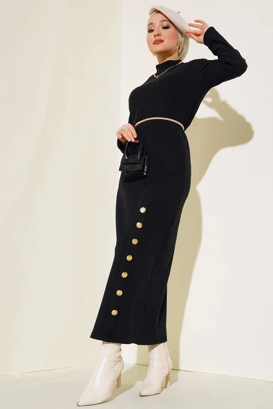 Etek Düğmeli Fitilli Elbise Siyah ürün görseli 1