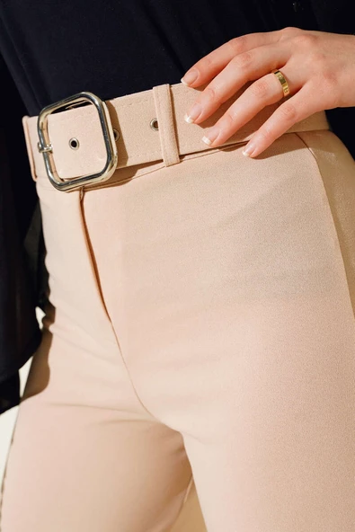 Kemerli Geniş Paça Pantolon Bej - Resim 4