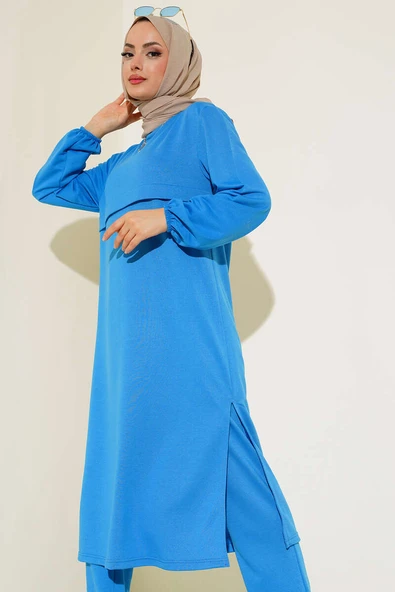 Yırtmaçlı Uzun İkili Takım İndigo - Resim 2