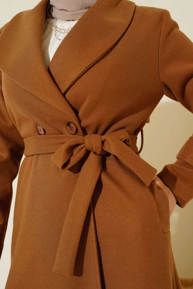 Sırt Düğmeli Kaşe Kaban Taba - Resim 4