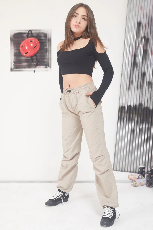 Bej Ayarlanabilir Yüksek Bel Kız Çocuk Paraşüt Pantolon 17588 - 2