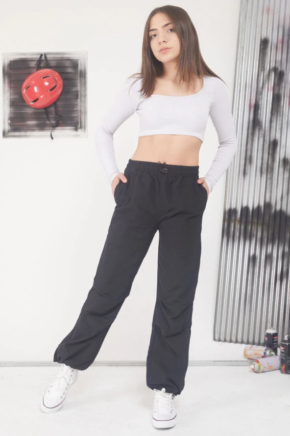 Siyah Ayarlanabilir Yüksek Bel Kız Çocuk Paraşüt Pantolon 17587 - 4