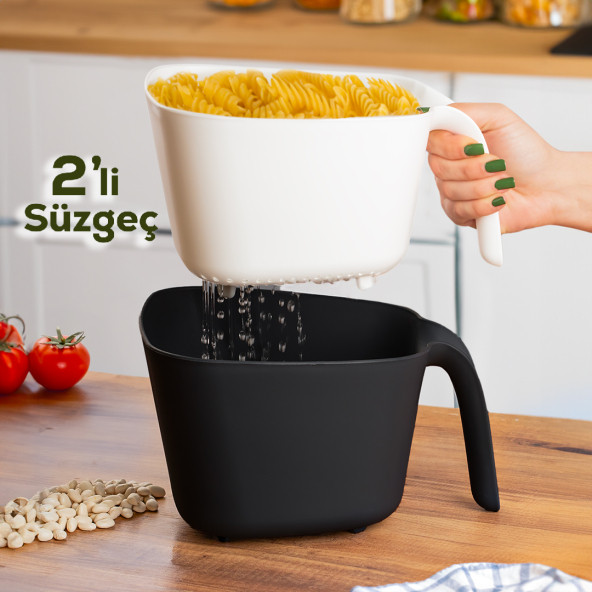 Porsima G-577 2 Parça Plastik Süzgeç Çok Amaçlı Makarna Meyve Sebze Pirinç Yıkama Süzgeci Siyah Beyaz - 2