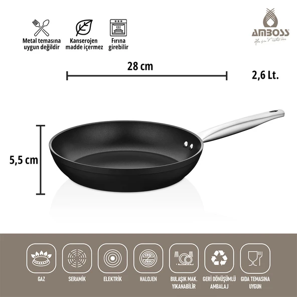 Amboss Dark Yanmaz Yapışmaz 3 Parça Titanyum Kaplama Tava -Cam Kapaklı (28 cm Wok, 28 cm Tava Tek Kapak) - 2