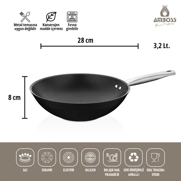 Amboss Dark Yanmaz Yapışmaz 3 Parça Titanyum Kaplama Tava -Cam Kapaklı (28 cm Wok, 28 cm Tava Tek Kapak) - 3