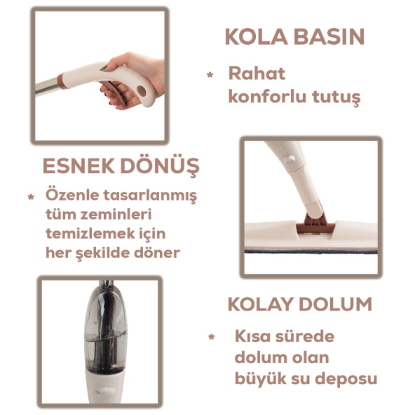 Porsima 13279 Deterjan Hazneli 360 Derece Dönebilen Sprey Mop Yedek Bezli Temizlik Paspası - Krem - 3
