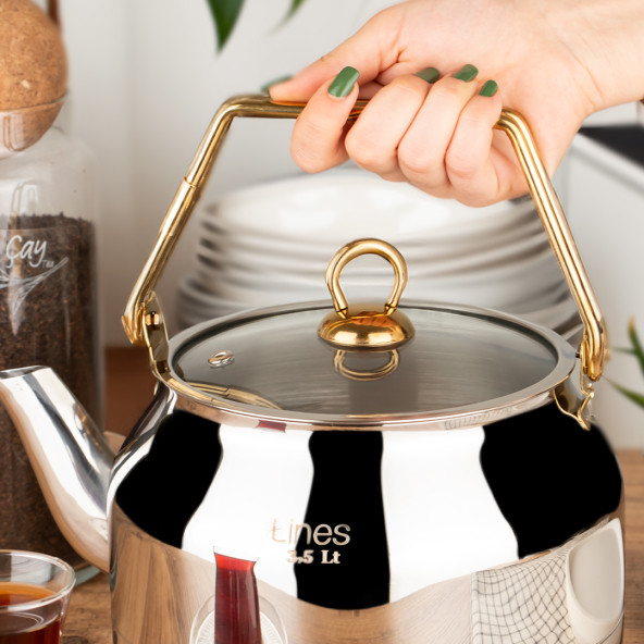 Lines L-3075 Ayperi Paslanmaz Çelik Gold Kulp Demlik İndüksiyon Taban Çay Bitki Çayı Demliği 3,5 Lt - 2