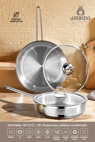Amboss Saphire Cam Kapaklı Paslanmaz Çelik 4 Parça Tava Seti ürün görseli 1