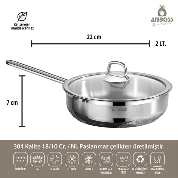 Amboss Saphire Cam Kapaklı Paslanmaz Çelik 4 Parça Tava Seti - 3