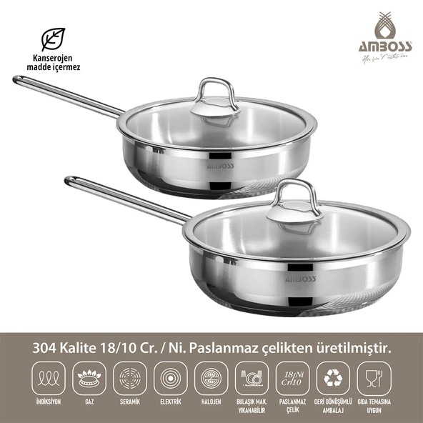 Amboss Saphire Cam Kapaklı Paslanmaz Çelik 4 Parça Tava Seti - 2