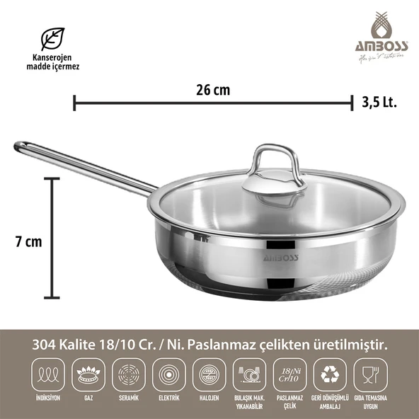 Amboss Saphire Cam Kapaklı Paslanmaz Çelik 4 Parça Tava Seti - 4