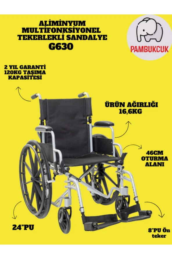 PAMBUKCUK Katlanabilir Aliminyum Multi Fonksiyonel Tekerlekli Sandalye G630