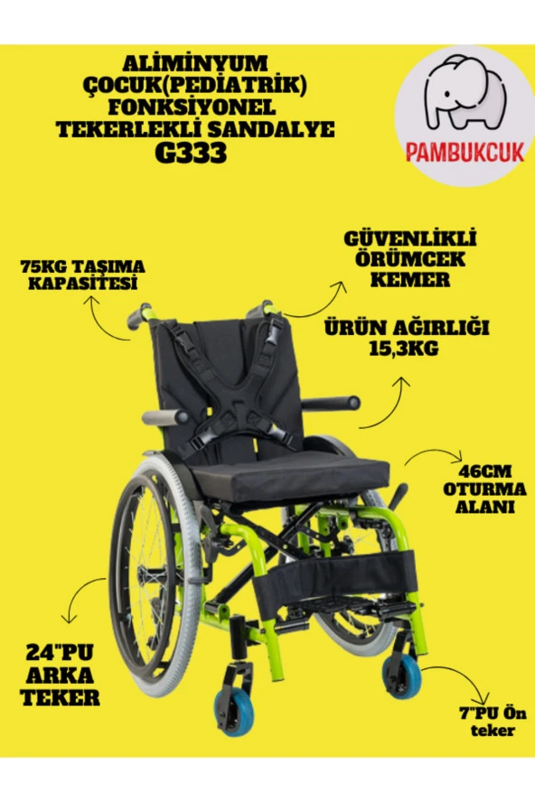 PAMBUKCUK Pediatrik Aliminyum Multifonksiyonel Tekerlekli Sandalye G333