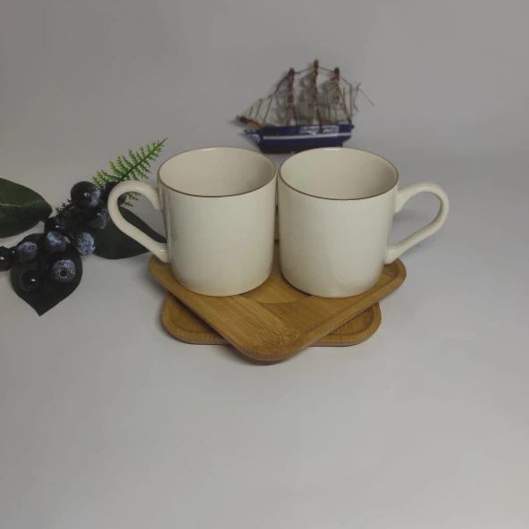 Porselen Bambu Tabaklı İkili Yaldızlı Kahve Fincan Seti Hediyelik 2 kişilik Yaldızlı Fincan Takımı