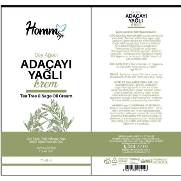 HOMM LIFE ÇAY AĞACI ADAÇAYI YAĞLI KREM 75 ML