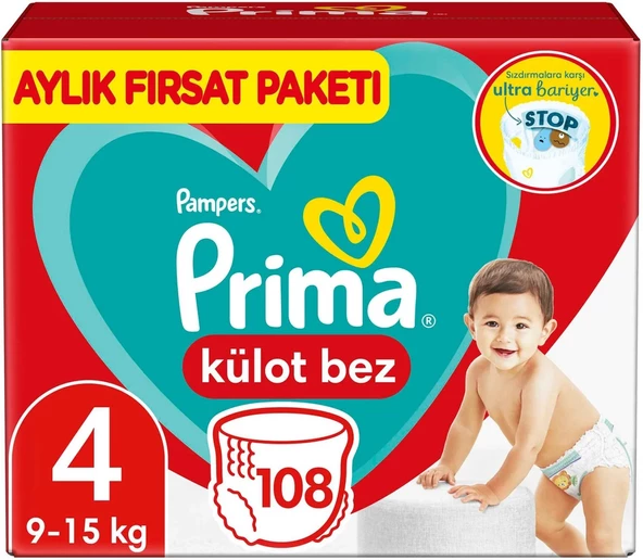 Prima Külot Bebek Bezi Beden:4 (9-15KG) Maxi 108 Adet Aylık Fırsat Pk