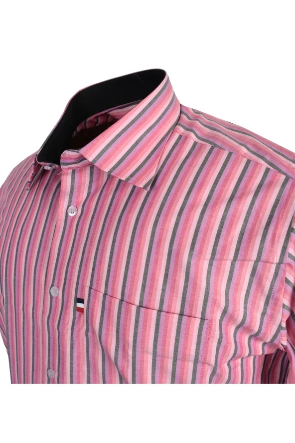 Büyük Beden Erkek Gömlek Kısa Kol Pembe Çizgili - 3