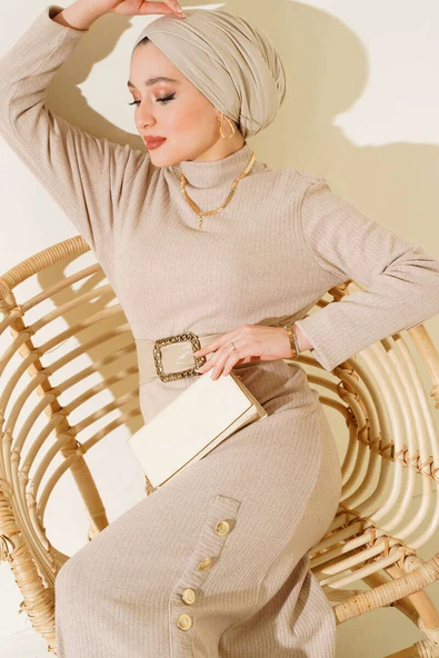 Etek Düğmeli Fitilli Elbise Bej ürün görseli 1