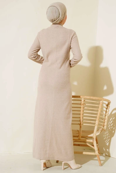 Etek Düğmeli Fitilli Elbise Bej - Resim 3