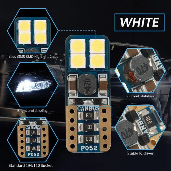 LED Ampul T10 için 8 Smd Canbus Beyaz 2Li Set 12V / Laam628 - Resim 2