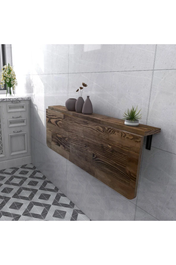 45x110 cm Masif Ahşap Koyu Ceviz Renk Sabit Raflı Duvara Monte Kırma Katlanır Masa
