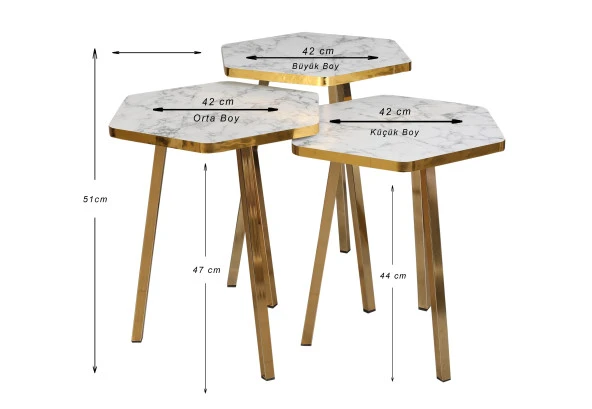 3 LÜ ZİGON SEHPA Vionessa Furniture HEXAGON COFFE TABLE METAL P20 LEGS COVE GOLD EFES
