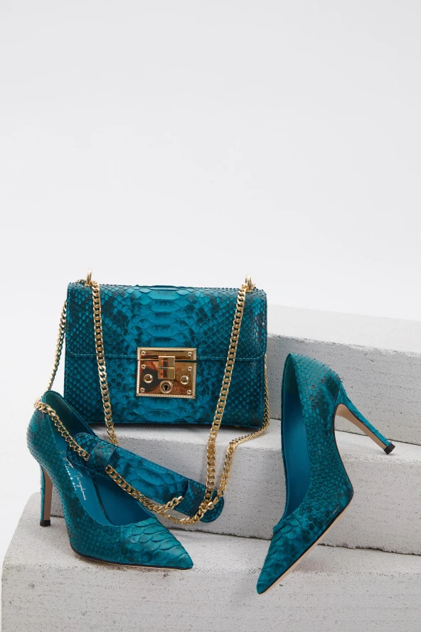 Duygushoesbag Turkuaz Hakiki Yılan Derisi Stiletto - 4