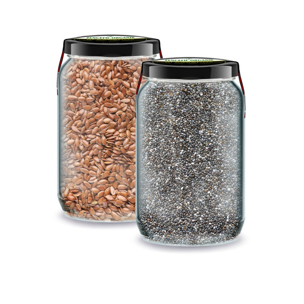 Bi Kavanoz Chia Tohumu + Bi Kavanoz Keten Tohumu 660 cc'lik 2 Adet Cam Kavanoz Saf Katkısız Taze