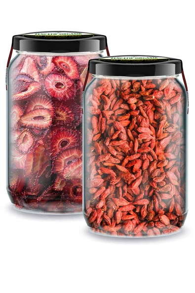 Bi Kavanoz Goji Berry + Bi Kavanoz Yaprak Çilek Kurusu Çilek Cipsi 660 cc'lik 2 Adet Cam Kavanozda - 1