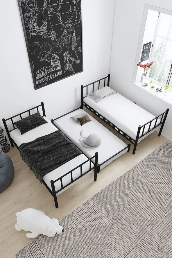 Zambak Yavrulu Genç Çocuk Odası Metal Siyah Ranza Ve Karyola 90x190 Yatak Ölçülü - 3