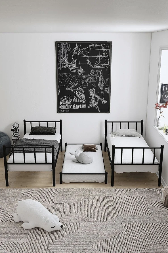 Zambak Yavrulu Genç Çocuk Odası Metal Siyah Ranza Ve Karyola 90x190 Yatak Ölçülü - 4