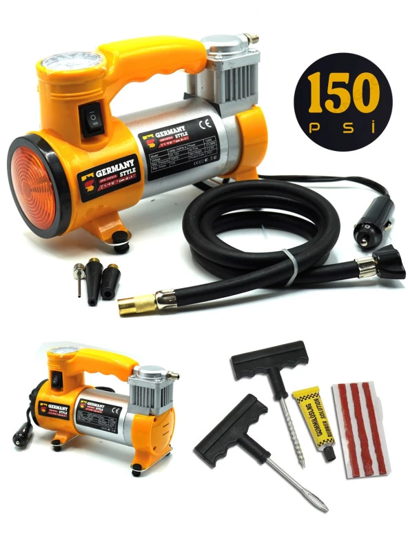 Germany Style 12 V Araba Oto Araç Lastik Şişirme Pompası 150 Psi   Kompresör Lastik Tamir Kiti Set