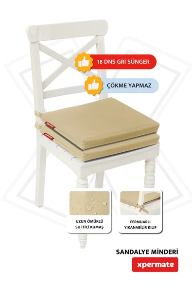 XPERMATE 2'li Sandalye Minderi Su İtici Kumaş 40x40 cm Sünger Sandalye Minderi Bağcıklı Bej - Resim 2
