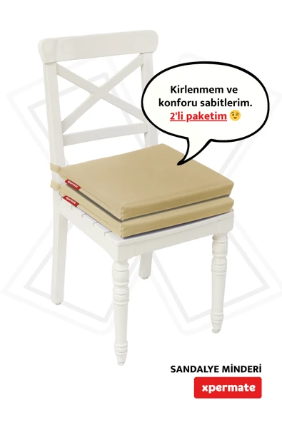 XPERMATE 2'li Sandalye Minderi Su İtici Kumaş 40x40 cm Sünger Sandalye Minderi Bağcıklı Bej ürün görseli