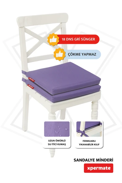 XPERMATE 2'li Sandalye Minderi Su İtici Kumaş 40x40 cm Sünger Sandalye Minderi Bağcıklı Mor - 2