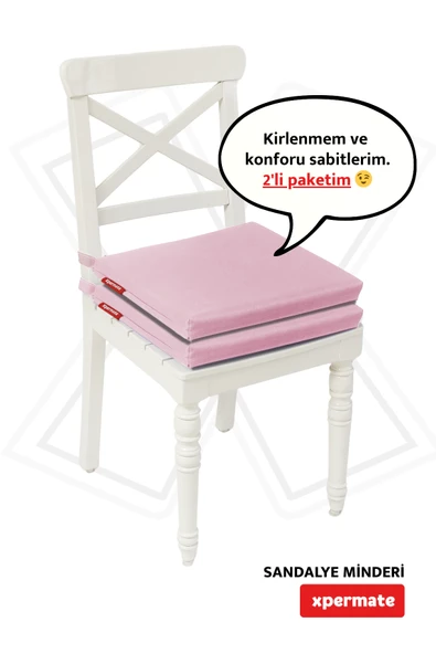XPERMATE 2'li Sandalye Minderi Su İtici Kumaş 40x40 cm Sünger Sandalye Minderi Bağcıklı Pembe