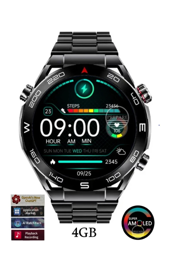 Smart Watch Pro D4 Amoled Akıllı Saat 2x Kordon Metal ve Silikon 1.43inc Full HD Amoled Ekran App Market Sesli Arama Bildirim