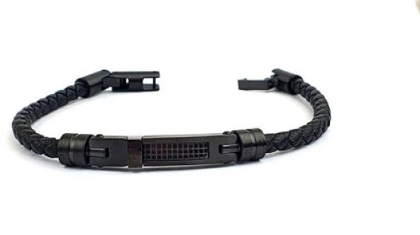 Siyah Rodajli Çelik Detaylı Siyah Deri Erkek Bileklik ürün görseli