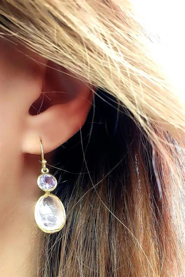 Pembe Kuvars  Ve Ametist Taşlı 925Ayar Gümüş Üzerine Altın Kaplama Tasarım Doğal Taş Küpe ürün görseli