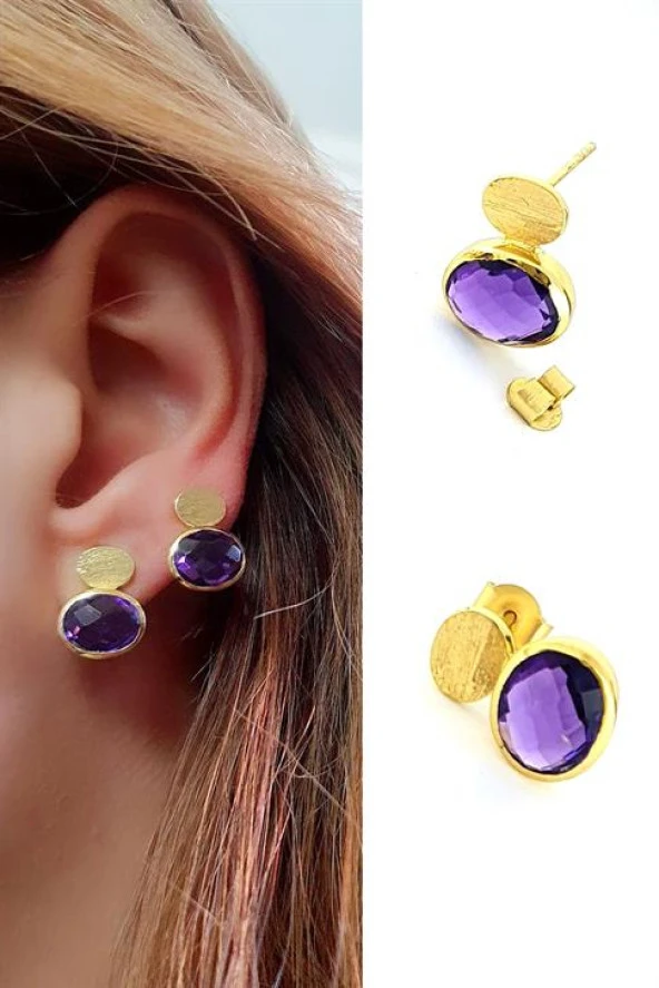 Ametist Taşlı 925Ayar Gümüş Üzerine Altın Kaplama Tasarım Doğal Taş Küpe ürün görseli