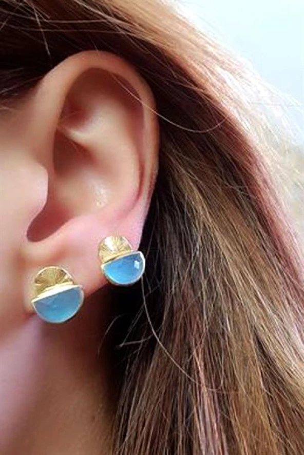 Aquamarin Taşlı 925Ayar Gümüş Üzerine Altın Kaplama Tasarım Doğal Taş Küpe ürün görseli