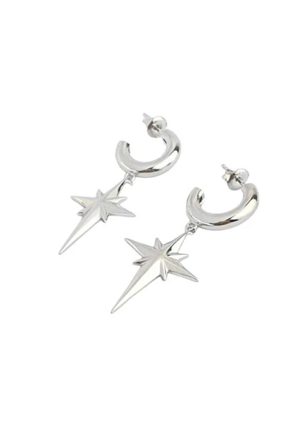 Kutup Yıldızı Figürlü 925Ayar Gümüş  Tasarım Bombeli Yarim Halkalı Sallantılı Çift  Küpe ürün görseli