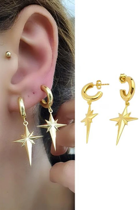 Kutup Yıldızı Figürlü 925Ayar Gümüş Üzerine Altın Kaplama Tasarım Bombeli Yarim Halkalı Sallantılı Çift  Küpe ürün görseli