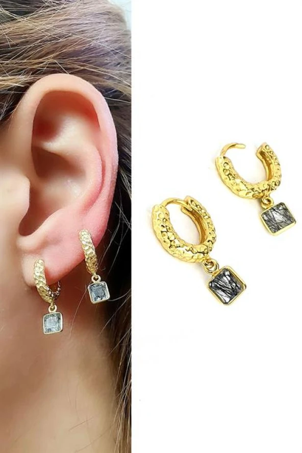 Rutil Kuvars  Taşlı 925Ayar Gümüş Üzerine Altın Kaplama Doğal Taş Minimal Halka Küpe ürün görseli