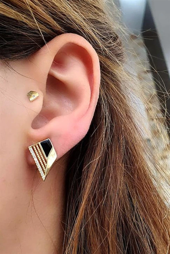 Siyah Mineli 925Ayar Gümüş Üzerine Altın Kaplama Luxury Tasarım Trend Küpe ürün görseli